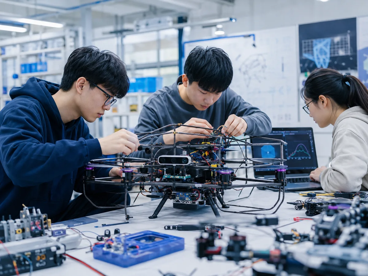 学生团队在共创空间协作调试无人机原型、飞控线路与测试程序